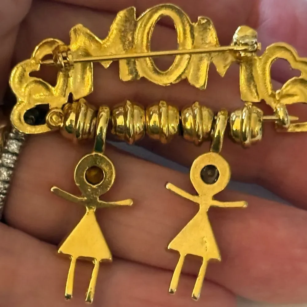 Gold Tone & Crystal MOM Brooch with 2 dangling Children Charms.